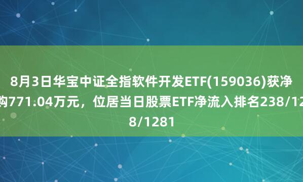 8月3日华宝中证全指软件开发ETF(159036)获净申购771.04万元，位居当日股票ETF净流入排名238/1281