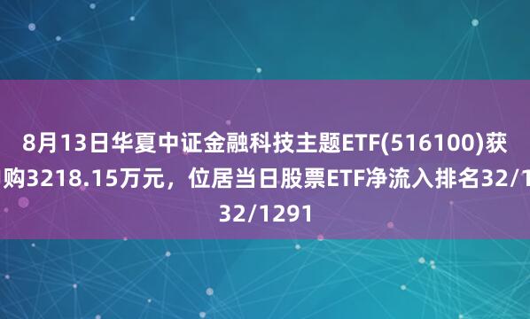 8月13日华夏中证金融科技主题ETF(516100)获净申购3218.15万元，位居当日股票ETF净流入排名32/1291