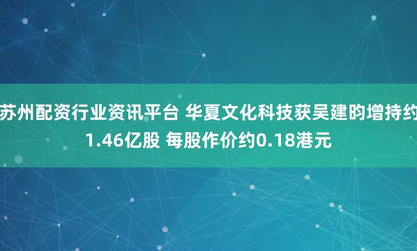 苏州配资行业资讯平台 华夏文化科技获吴建昀增持约1.46亿股 每股作价约0.18港元